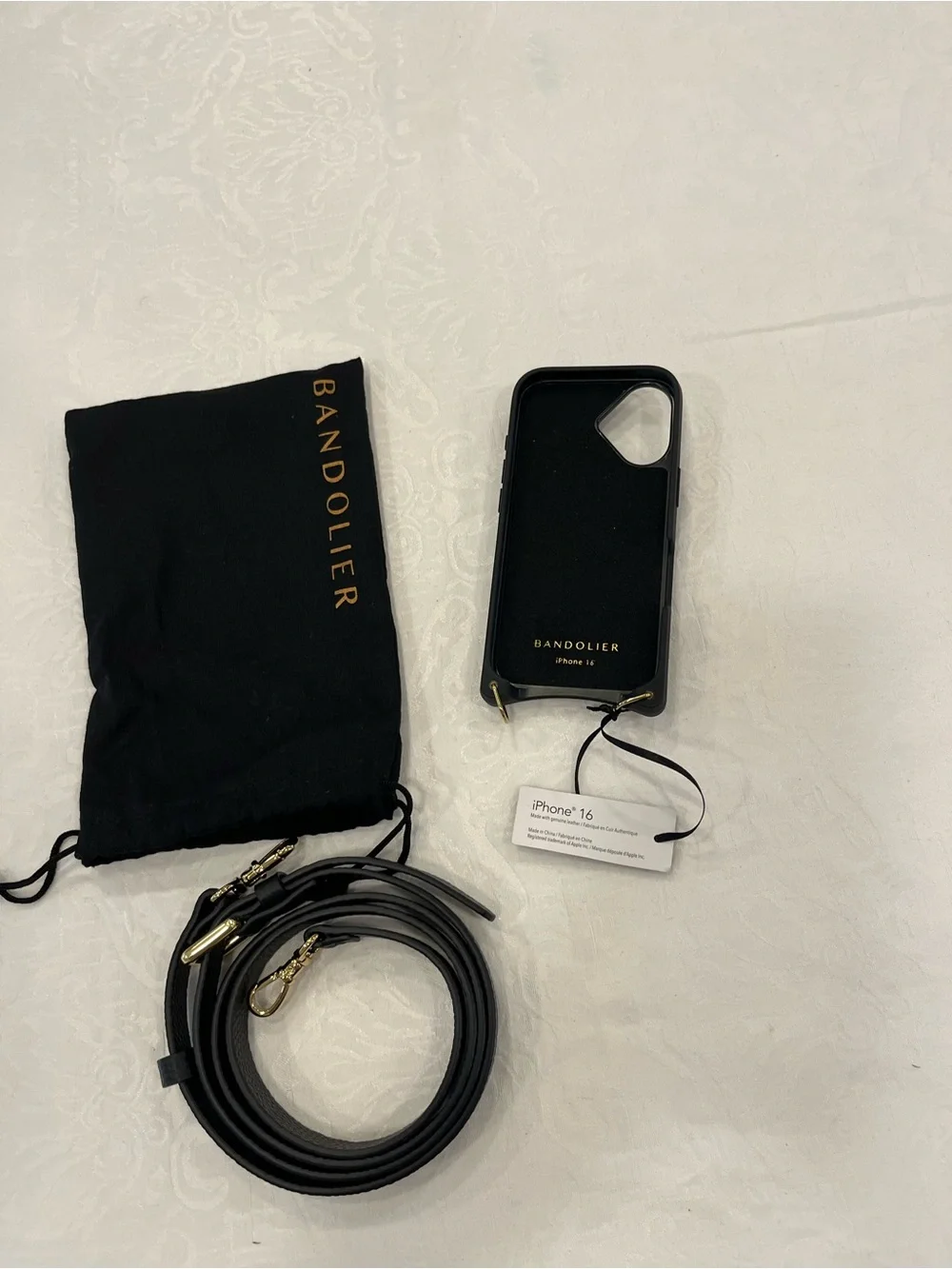 Bandolier Black Leather Phone Crossbody Case with Gold Accents